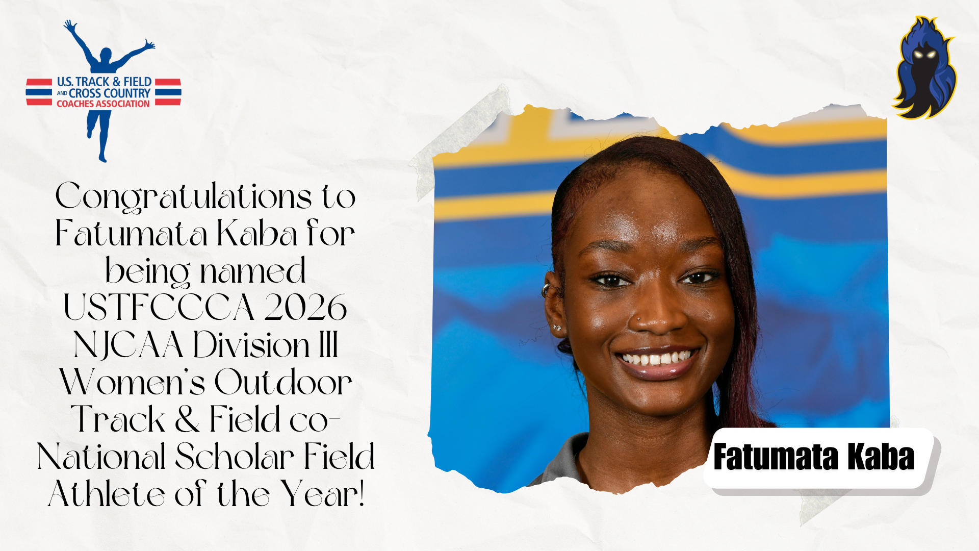 Photo of Fatumata Kaba with a message congratulating her for being named 2026 NJCAA Division III Women’s Outdoor Track & Field co-National Scholar Field Athlete of the Year